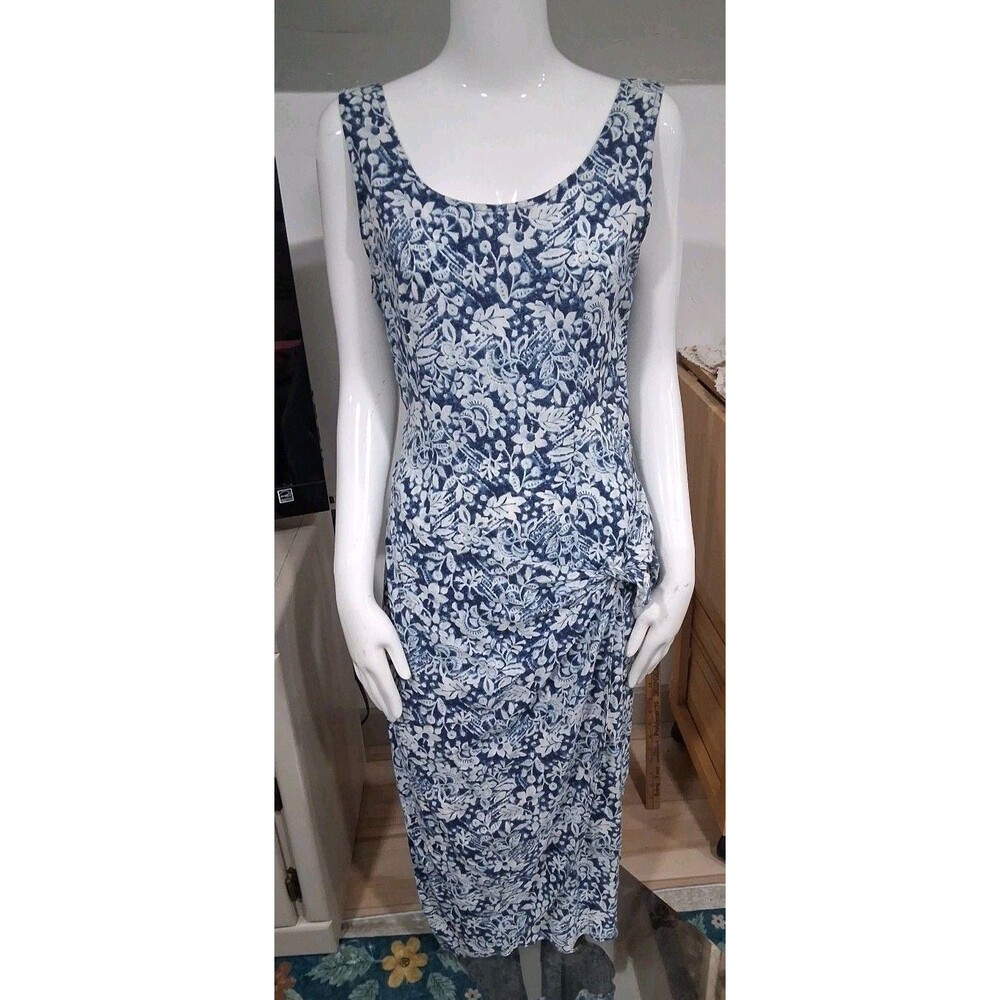 Vtg 90s Sleeveless Sundress Blue White Floral Wrap Style Long 9/10 ELISSE USA